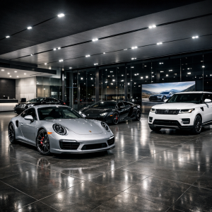 Modern car dealership showroom with luxury vehicles on display at night