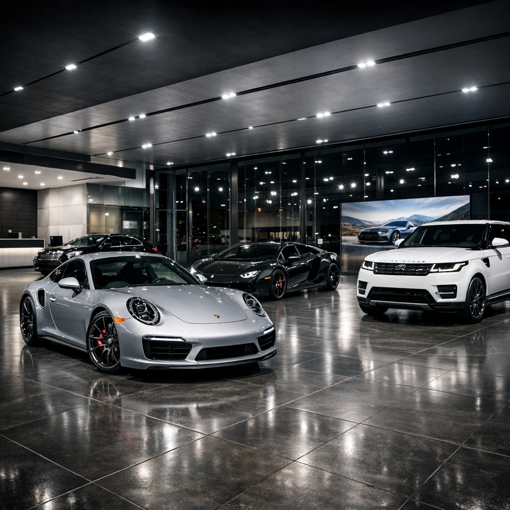 Modern car dealership showroom with luxury vehicles on display at night