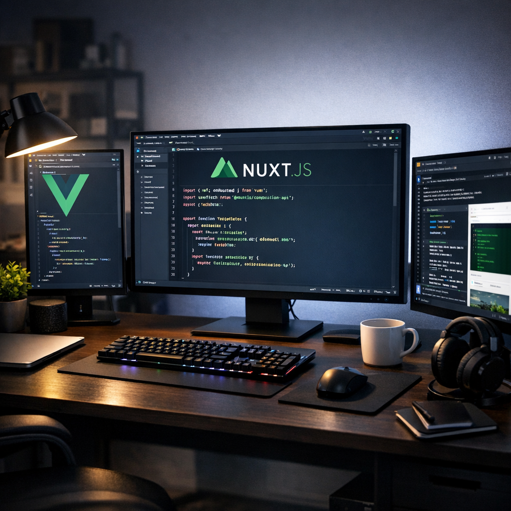 Modern developer workspace with Vue.js and Nuxt.js code on monitors