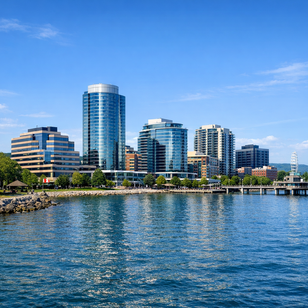Burlington Ontario waterfront skyline with modern business buildings