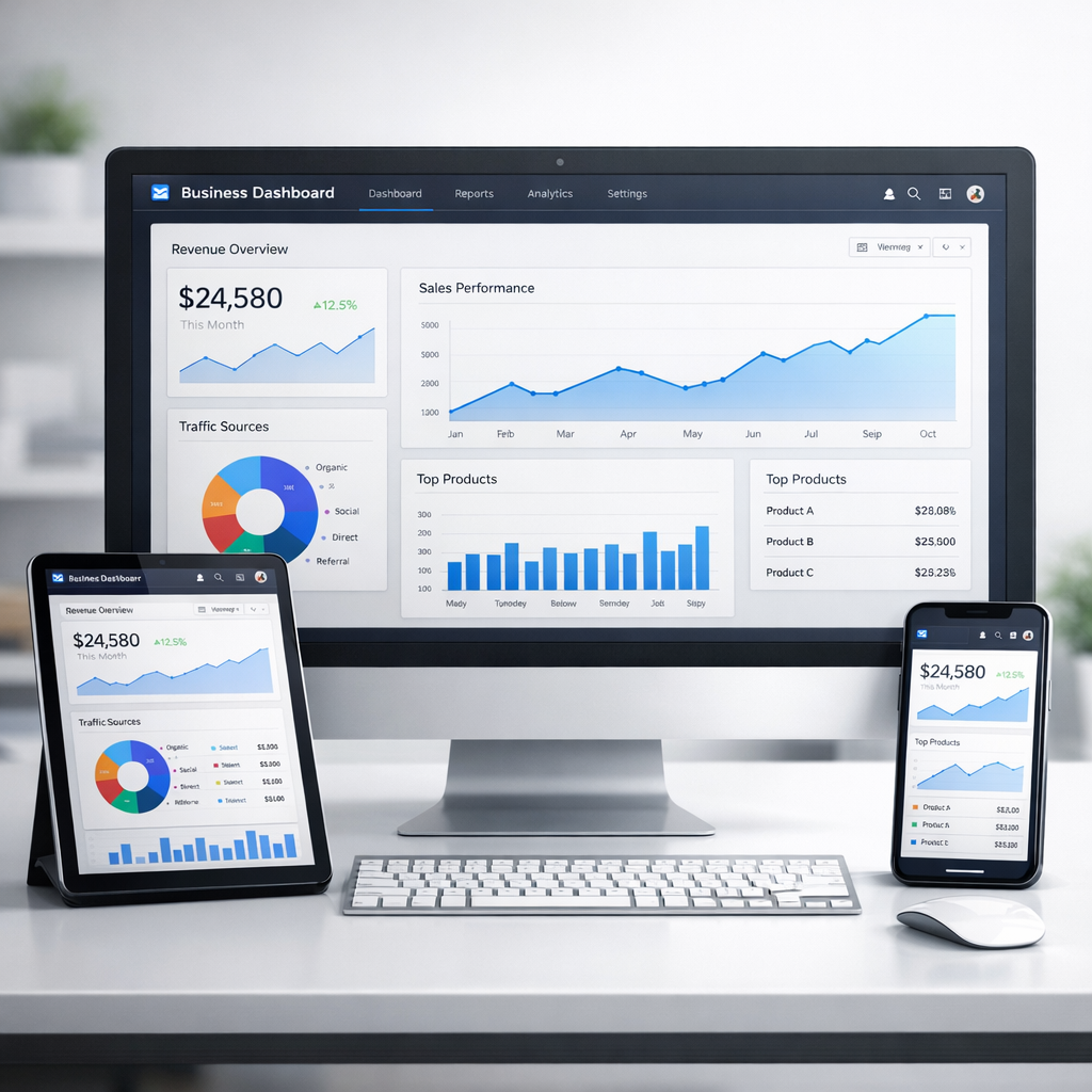Custom web application displayed on desktop tablet and mobile devices